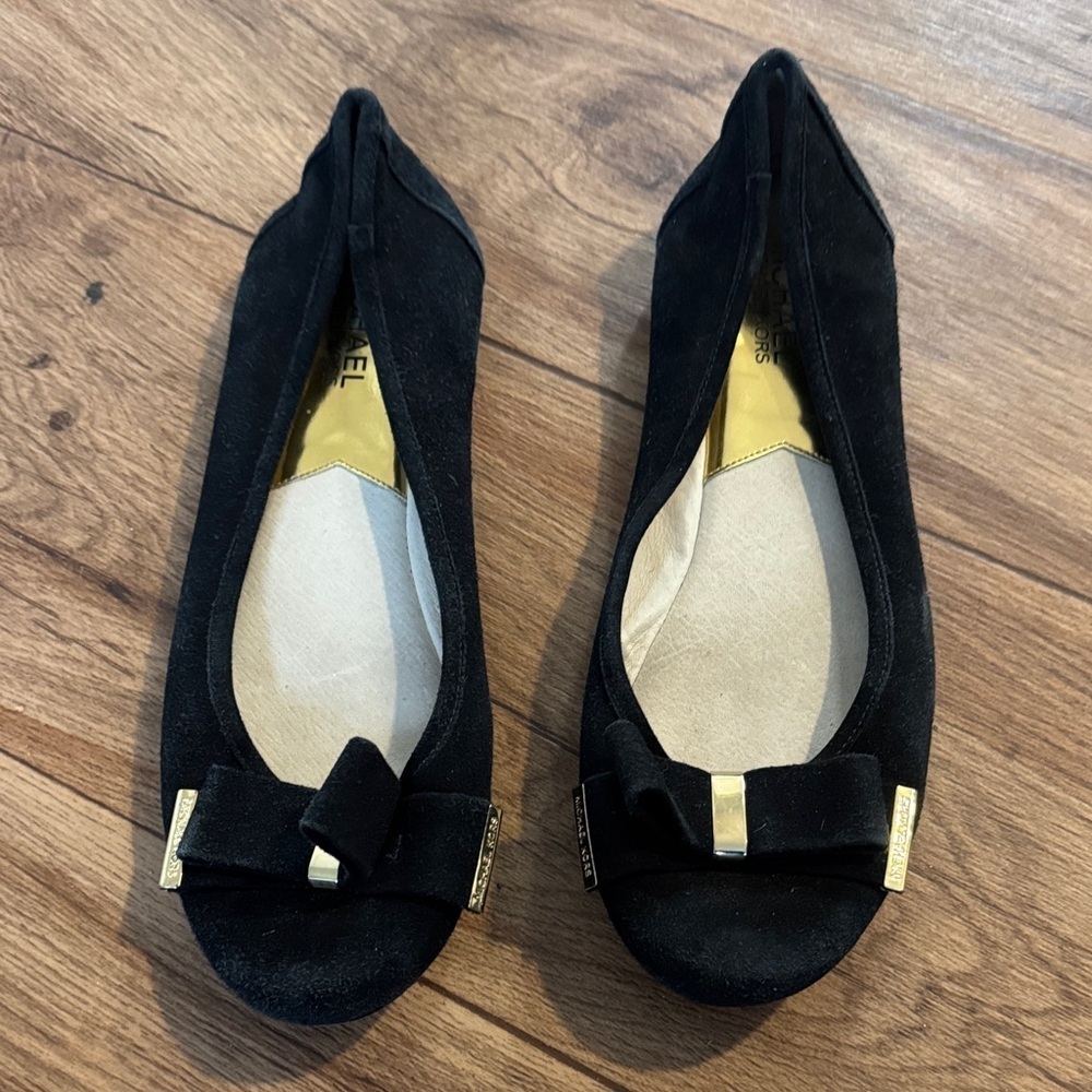 Michael Kors Black Suede Flats with Gold Accents